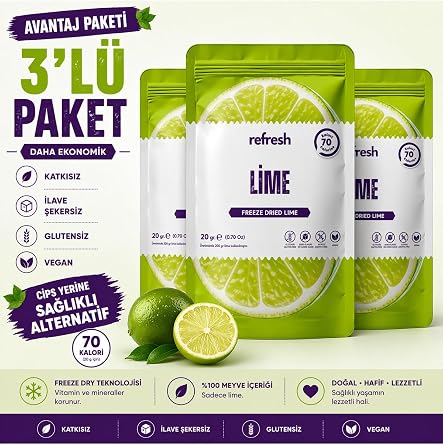 Refresh Freeze Dried Lime Cipsi 3l  Paket 3x20g | Dondurularak Kurutulmu  Lime | Katk s z,  lave  ekersiz, Glutensiz Meyve At t rmal