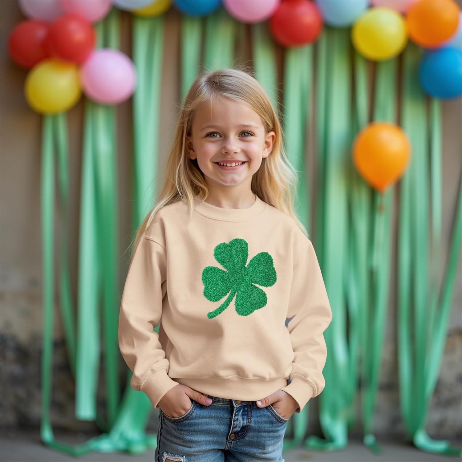 Girls St. Patrick's Day Sweatshirt Shamrock Lucky Clover Long Sleeve Outfit Shirt Chenille Patch Irish Pullover Top - Image 3