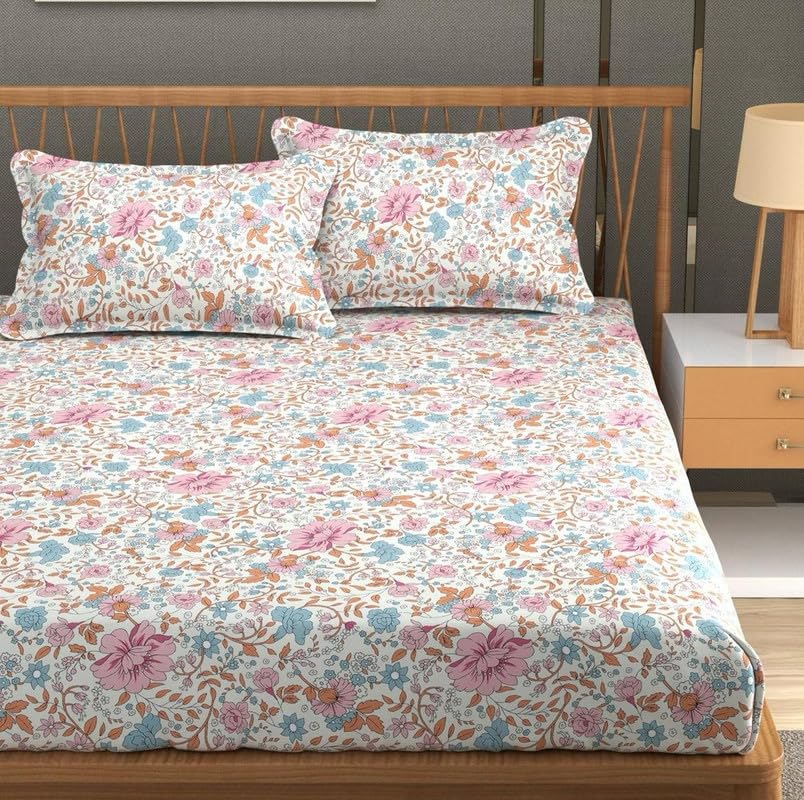 NEW TOWN Premium Cotton Feel Glace Cotton 210 Tc Elastic Fitted Bedsheets with 2 Pillow Covers Double Bed with Corner Elastic Supersoft Floral Pattren |Size-72X68+ 6 Inches SR 8131-image-24