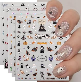 JMEOWIO 9 Sheets Halloween Nail Art Stickers Decals Self-Adhesive Pegatinas Uñas Skull Horror Ghost Witchy Spider Web Bat Pumpkin Nail Supplies Nail Art Design Decoration Accessories