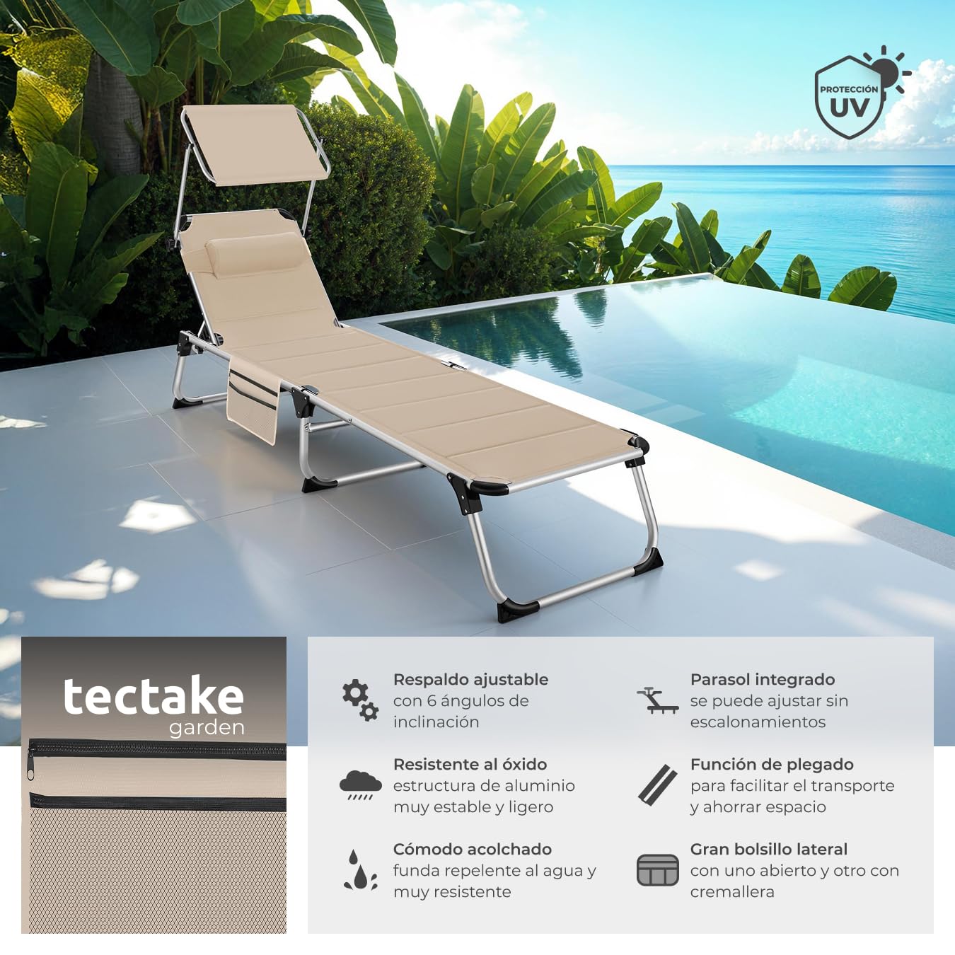 tectake® Tumbona Jardín Exterior de Aluminio, Tumbona Plegable con Reposacabezas, Parasol y Bolsillo Lateral, Playa Reclinable en 6 Posiciones, Resistente a Intemperie - Beige
