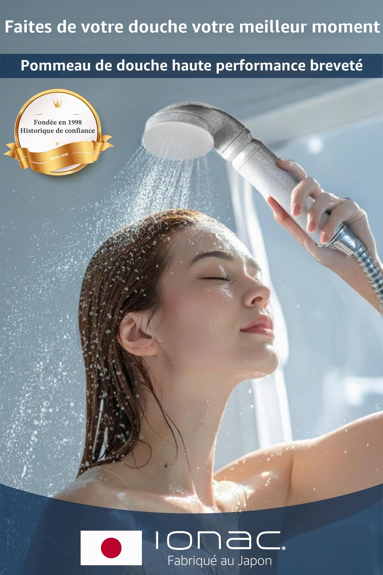 【Fabriqué au Japon et technologie innovante】Pommeau de douche IONAC avec filtre, adoucisseur d'eau, spa à la maison, adapté pour atopie, pommeau de douche économe en eau (Basic)