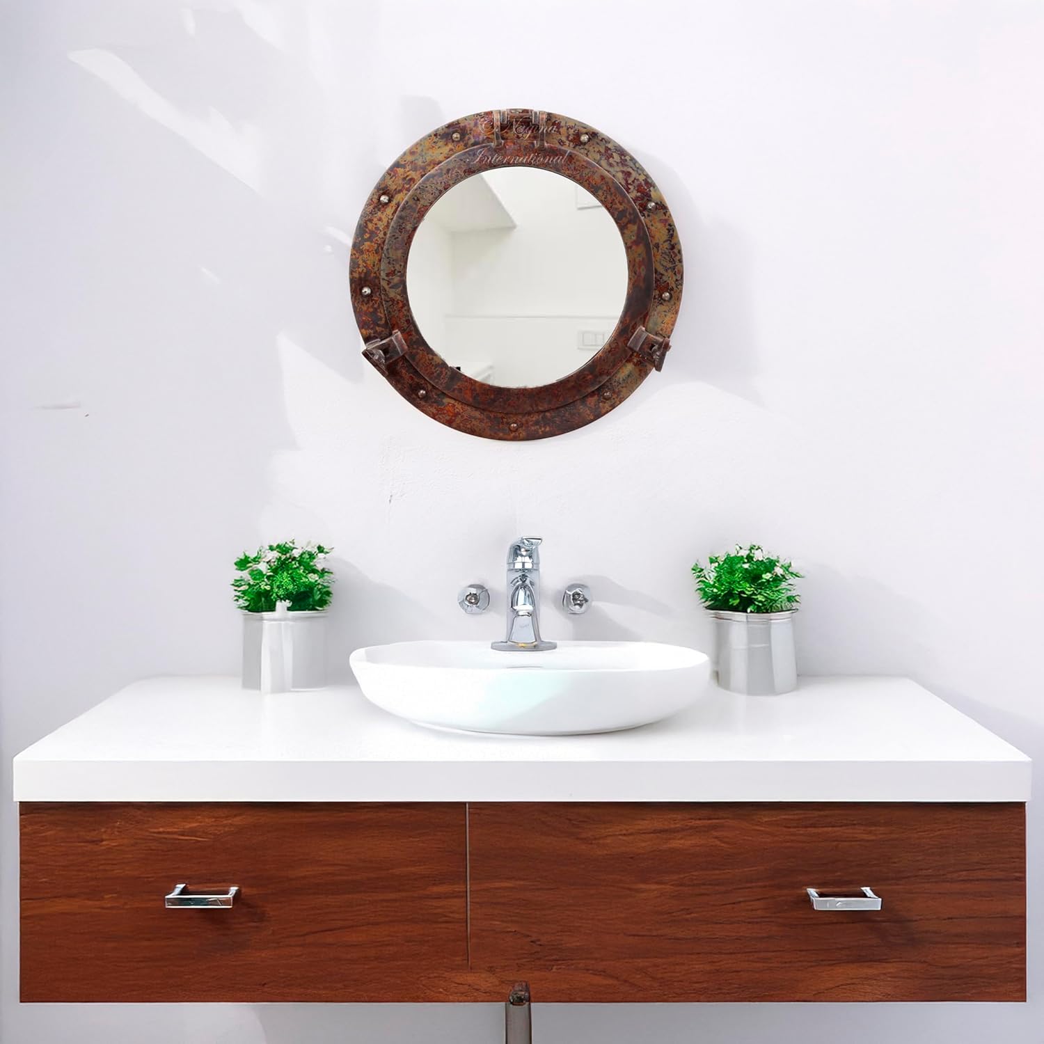 Nagina International Rustic Copper Shipwrecked Premium Nautical Porthole Mirror | Nautical Bathroom Mirrors (10 Inches, Aluminum Mirror)