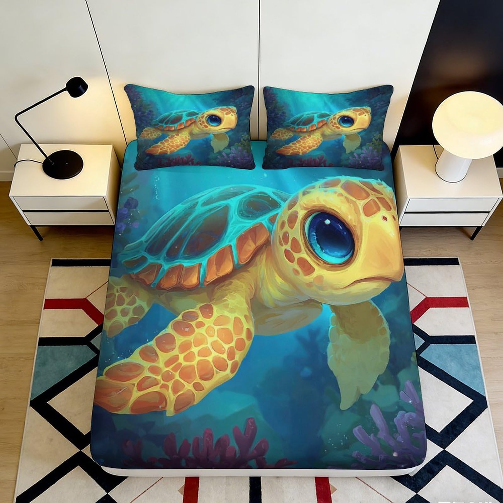 3D Printed Sea Turtle Fitted Sheet Microfiber Soft Breathable Ocean Coral Mattress Cover for Bedroom Dorm Decor 90x200x25cm