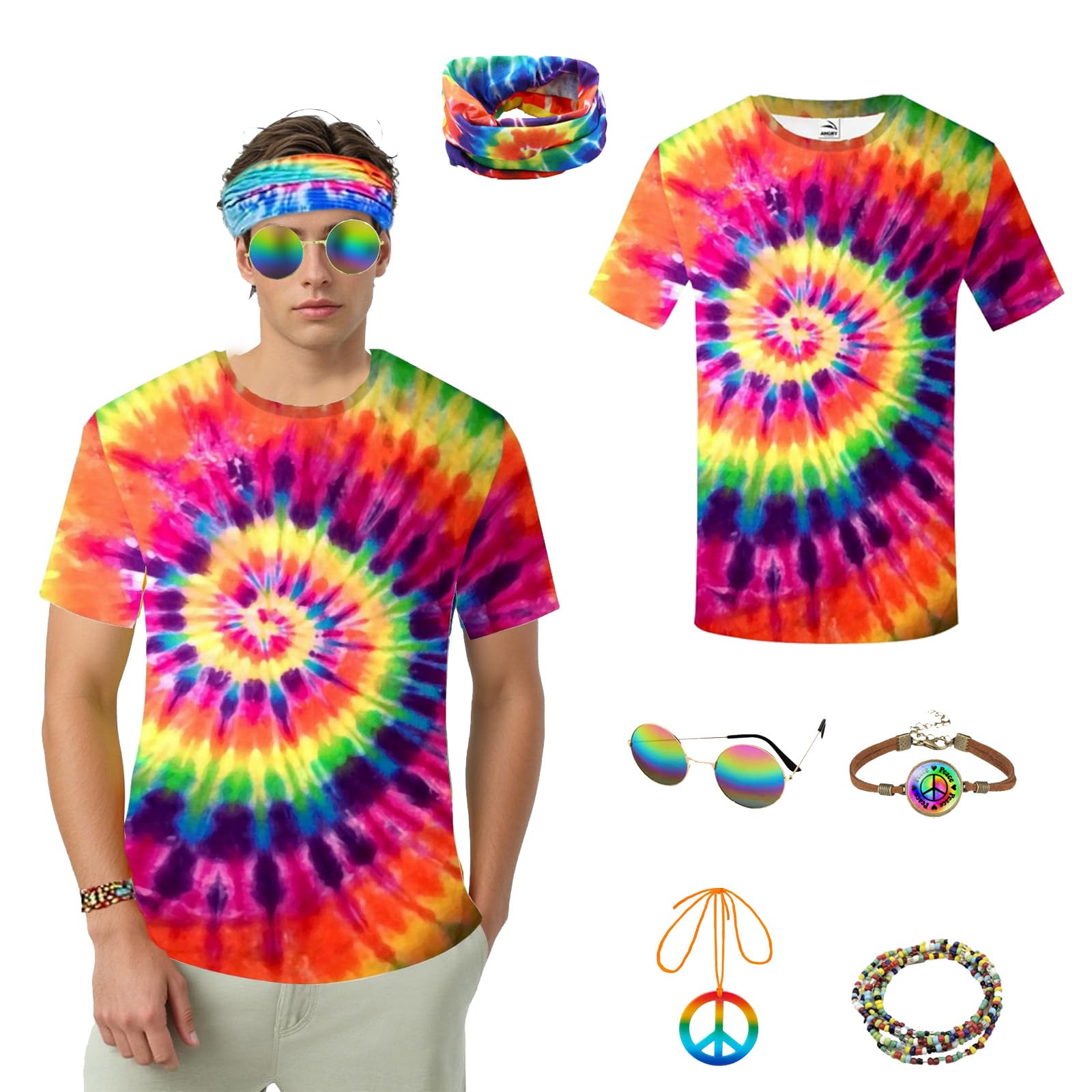 WanderGo 6 Pcs Hippie Costume for Men 80s Fancy Dress Men With Colourful T-Shirt, Peace Necklace, Hippie Sunglasses, Headband