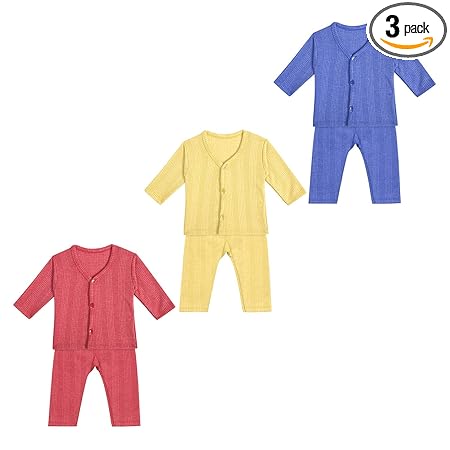 Superminis Baby Thermal Top and Pyjama Set - Front Open, Full Sleeves, Winter Wear Suit for Infants, Girls, Boys (12-18 Months) Pack of 3