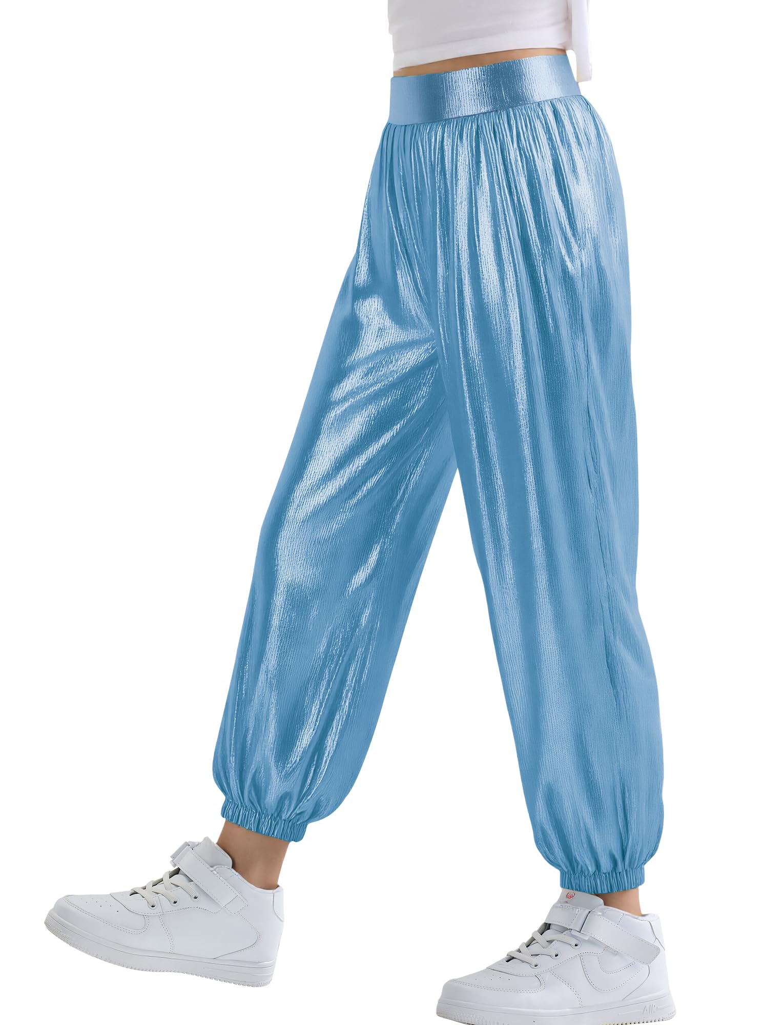 SEAUR Pantalones brillantes para niños y niñas, pantalones de baile hip hop, pantalones de chándal metálicos, festival, fiesta, danza, ropa de calle 110-160 = (EU 104-158)
