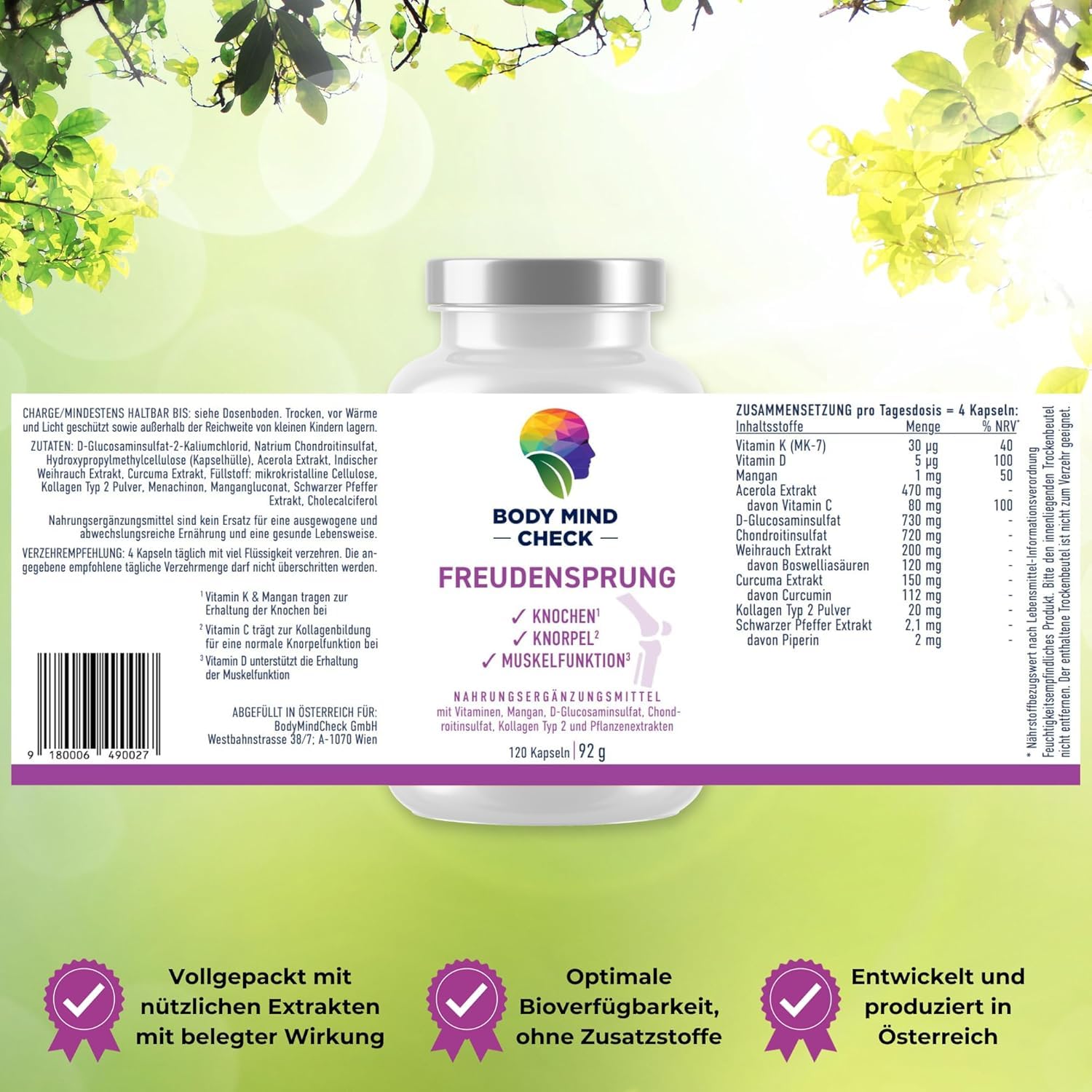 FREUDENSPRUNG für Knochen, Knorpel, Muskelfunktion und mit Weihrauch für die Gelenke - 120 Kapseln mit Glucosamin, Chondoitin, Kollagen, Mangan, Kurkuma, Weihrauch, Vitamin C/D/K - hochdosiert.