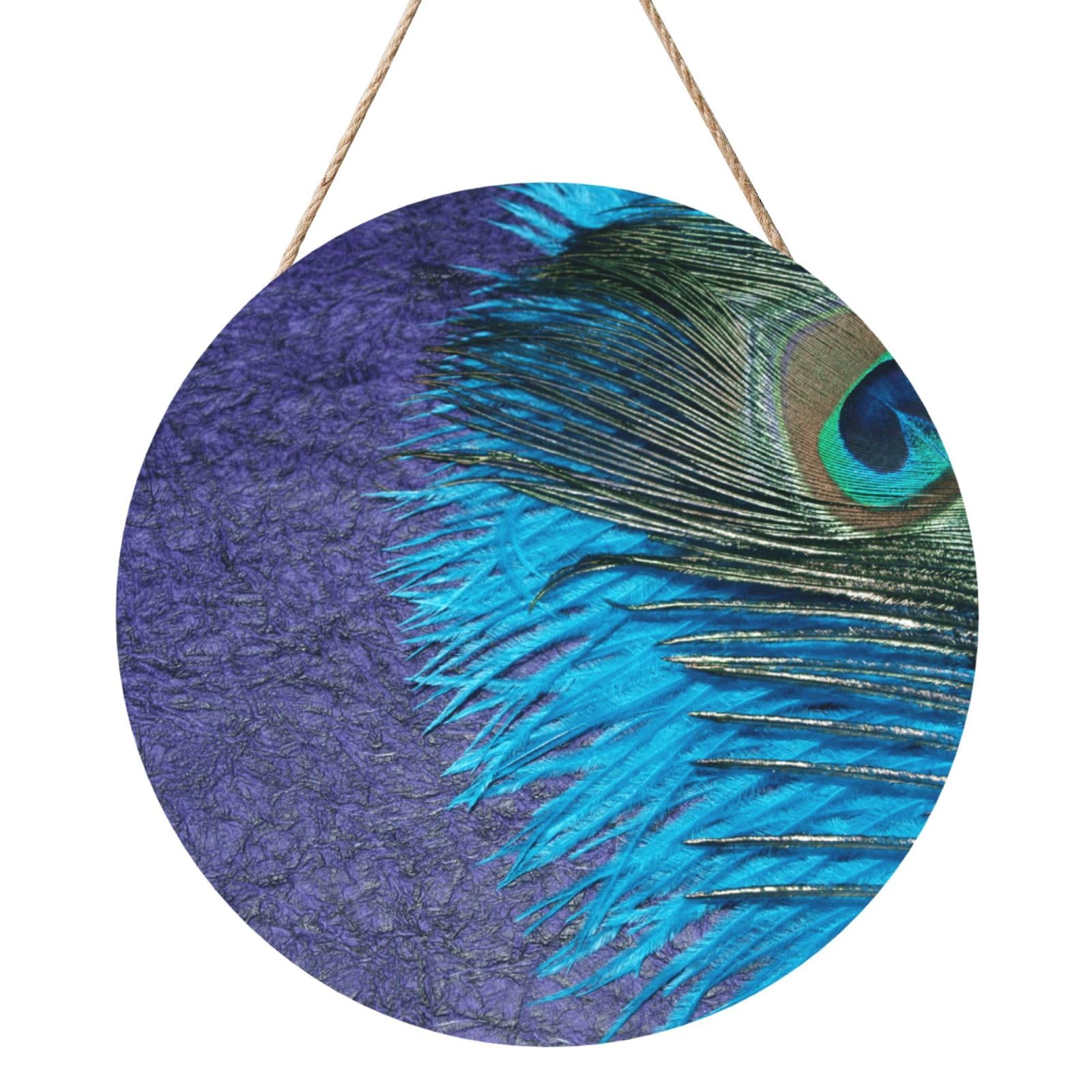 InOmak Purple And Teal Peacock, Round Wood Panel Painting 12 in, Wall Hanging Painting For Home