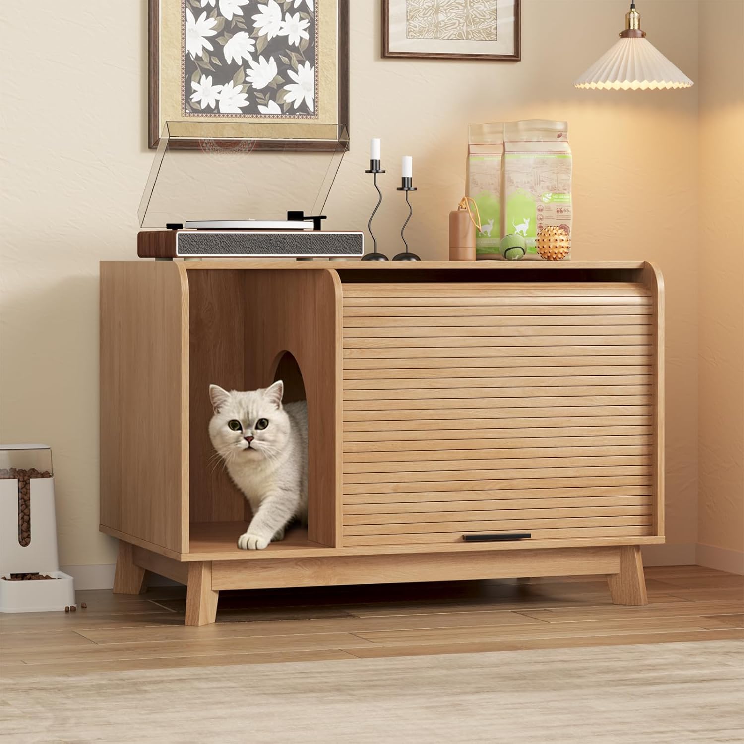 Vabches Cat Litter Box Enclosure with Sliding Door, 31.5" Litter Box Enclosure Furniture Hidden Litter Box, Modern Indoor Cat House, Side End Table, TV Stand for Living Room, Walnut