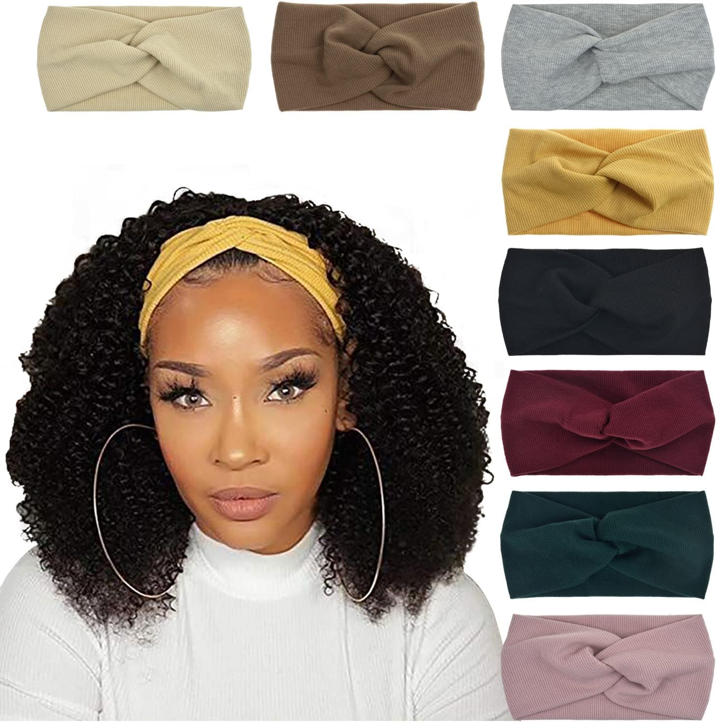 DRESHOW 8 Pack Girls Turban Wide Headbands for Women Headwraps Knotted Elastic Yoga Workout Solid Color Hair Accessories - Amazon product rated Grade A