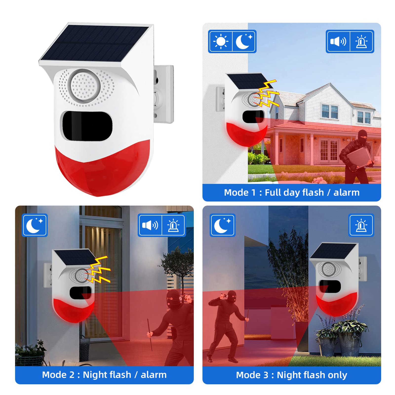 maxant - Alarma de luz estroboscópica de sonido solar con detector de movimiento y control remoto, detector de alarma estroboscópica audible de seguridad para el hogar, 120 dB, luz de sirena de