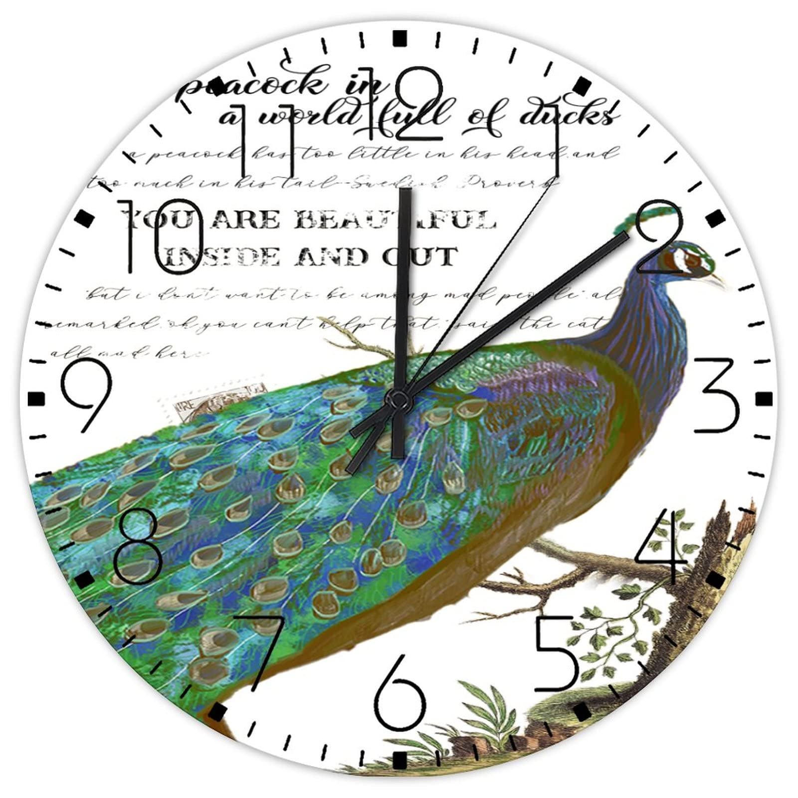 Horloge murale en bois silencieuse ronde décoration paon suspendue sans tic-tac 30cm