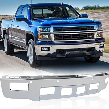 Chrome Steel Front Bumper Compatible with 2014 2015 Chevy Silverado 1500, With Fog Light Holes, Car Front Bumper Face Bar Paintable Replacement GM1002845