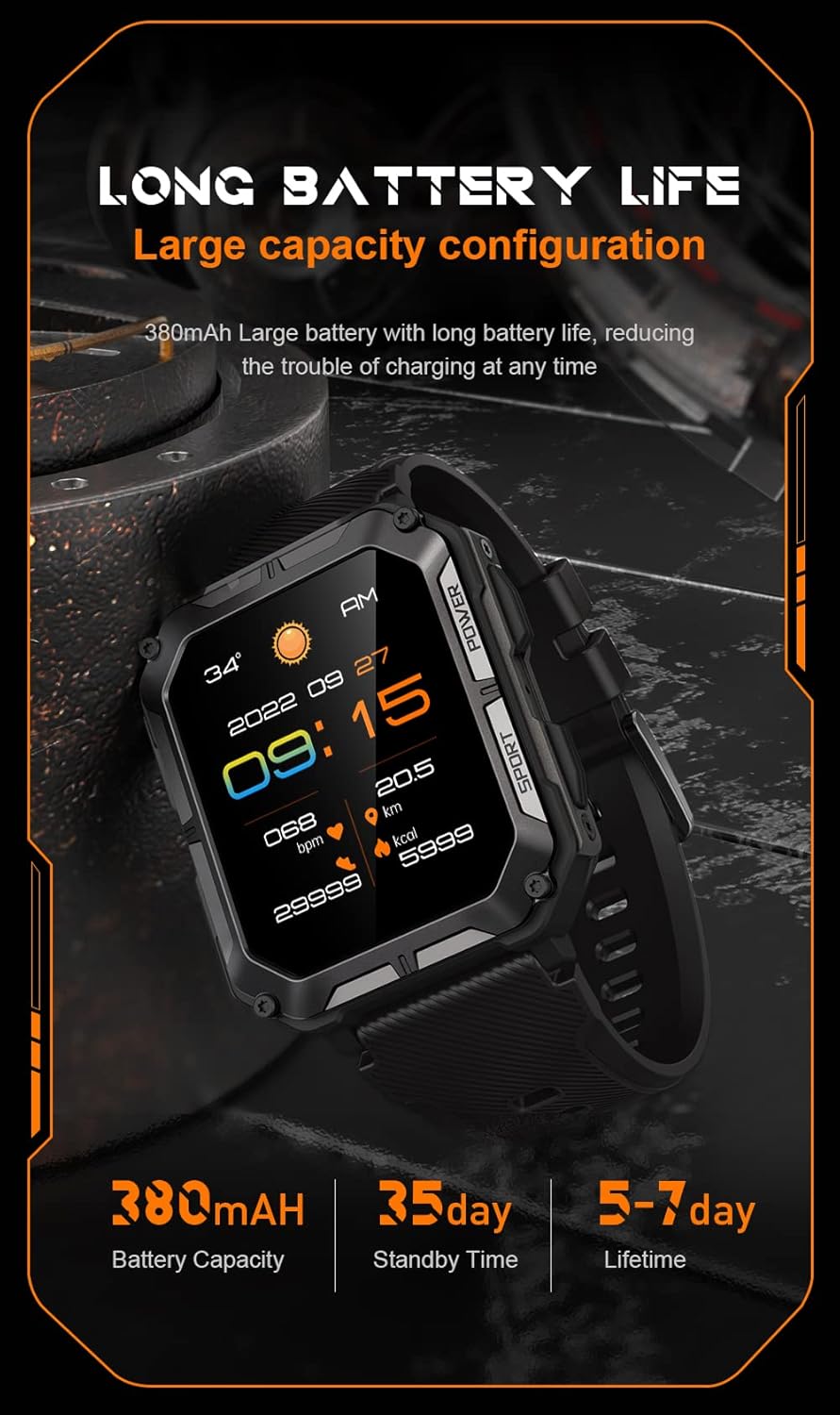 Smartwatch displaying time, date, and battery level, with text highlighting long battery life
