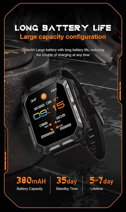 Gravity C20 Pro 1.83 Rugged Smartwatch, IP68 Waterproof, Bluetooth Call, AI Voice, 100+ Sports Modes, Heart Rate & Sleep Monitoring, Shockproof, Fitness Tracker for iOS & Android (Black)