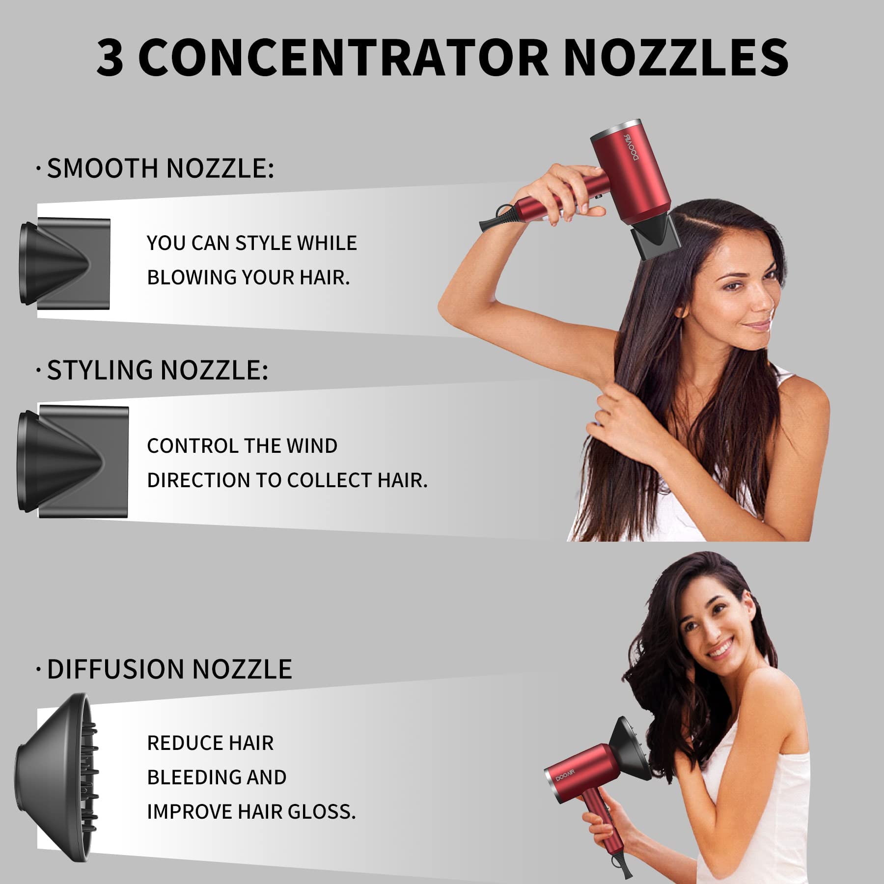 Ionic Hair Dryer, DOOAIR 1875W Blow Dryer with Diffuser and Concentrator, Professional Hair Dryer for Curly Hair, Negative Ion Technology, Constant Temperature Hair Care for Light and Quiet (Red)