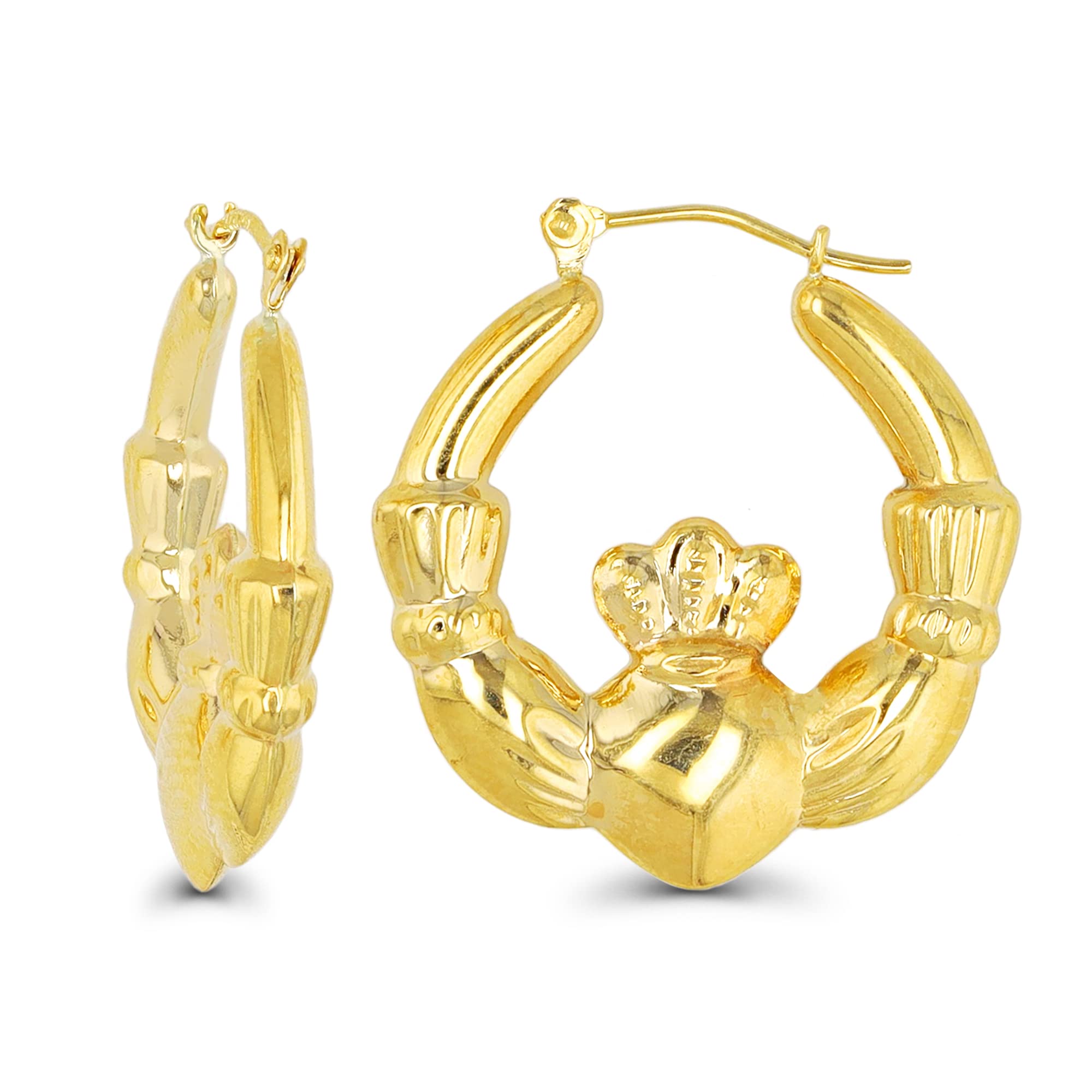 Solid 14K Yellow Gold Polished Claddagh Hoop Earrings Irish Claddagh Heart or Crown Earrings For Women