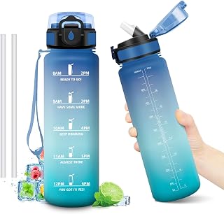 Sport Trinkflasche 1L, Kohlensäure Geeignet, Auslaufsichere Wasserflasche mit strohhalm, Motivierende Trinkflasche mit Zeitmarkierung, Sportflasche für Camping, Laufen, Erwachsener, Radfahren