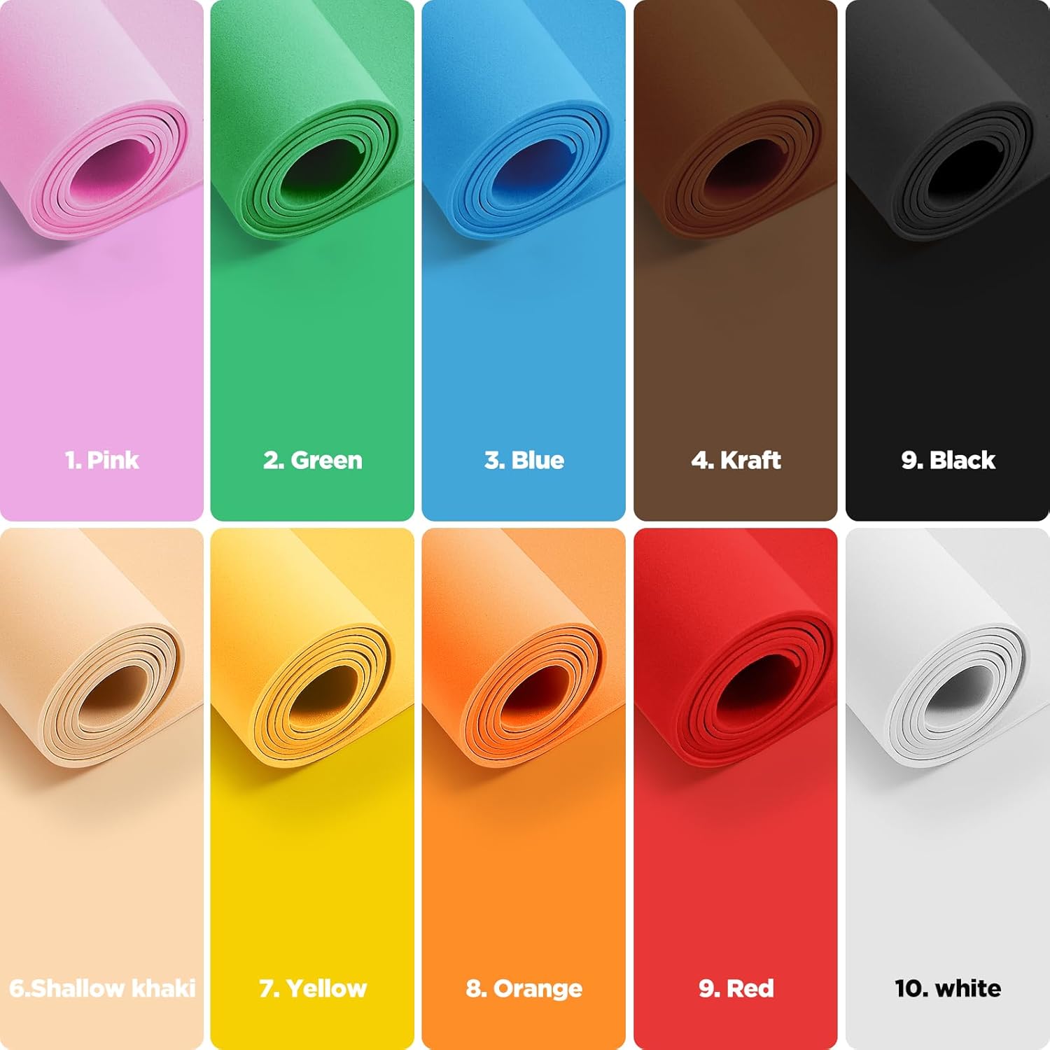 Do²ping 10 Colors Eva Foam Sheets roll, 2mm 10PCS EVA Craft Foam 49''x13.5'' High Density 86kg/m3 for Halloween Cosplay DIY Project (10PCS 10 Colors)