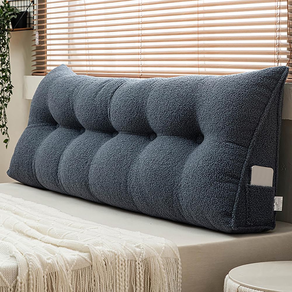 Headboard Pillow Wedge – Soft Teddy Velvet Reading Pillow for Bed, Backrest Cushion with Removable Cover & Side Pockets, Comfortable Sitting Up Support Pillow for Bed, Sofa,off white/39*20*8