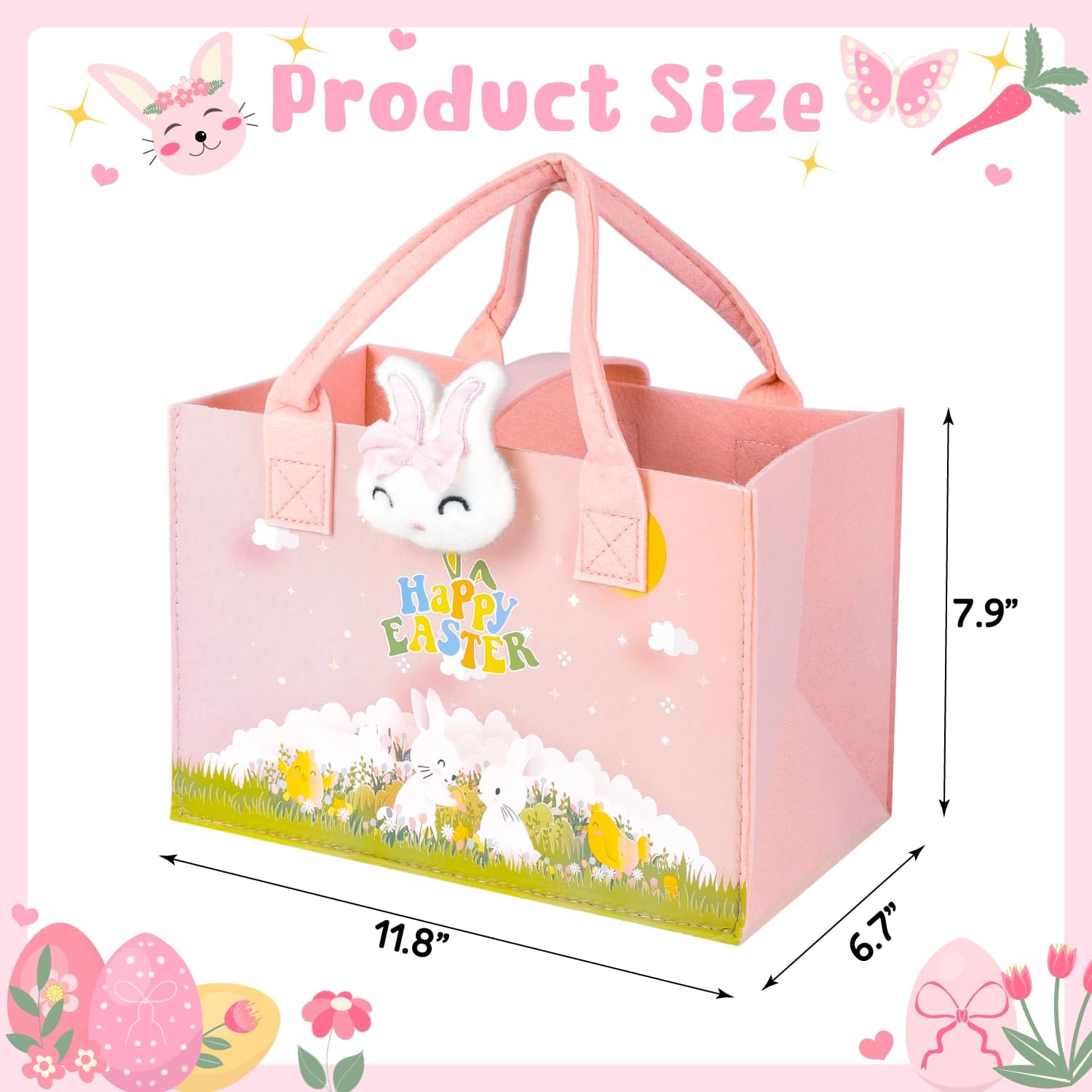 2 Pcs 11.8'' Easter Gift Bags for Kids Reusable Empty Basket with Handles, Bunny and Chicken Egg Hunt Tote Bags Made of Felt (Yellow Pink) - Image 2