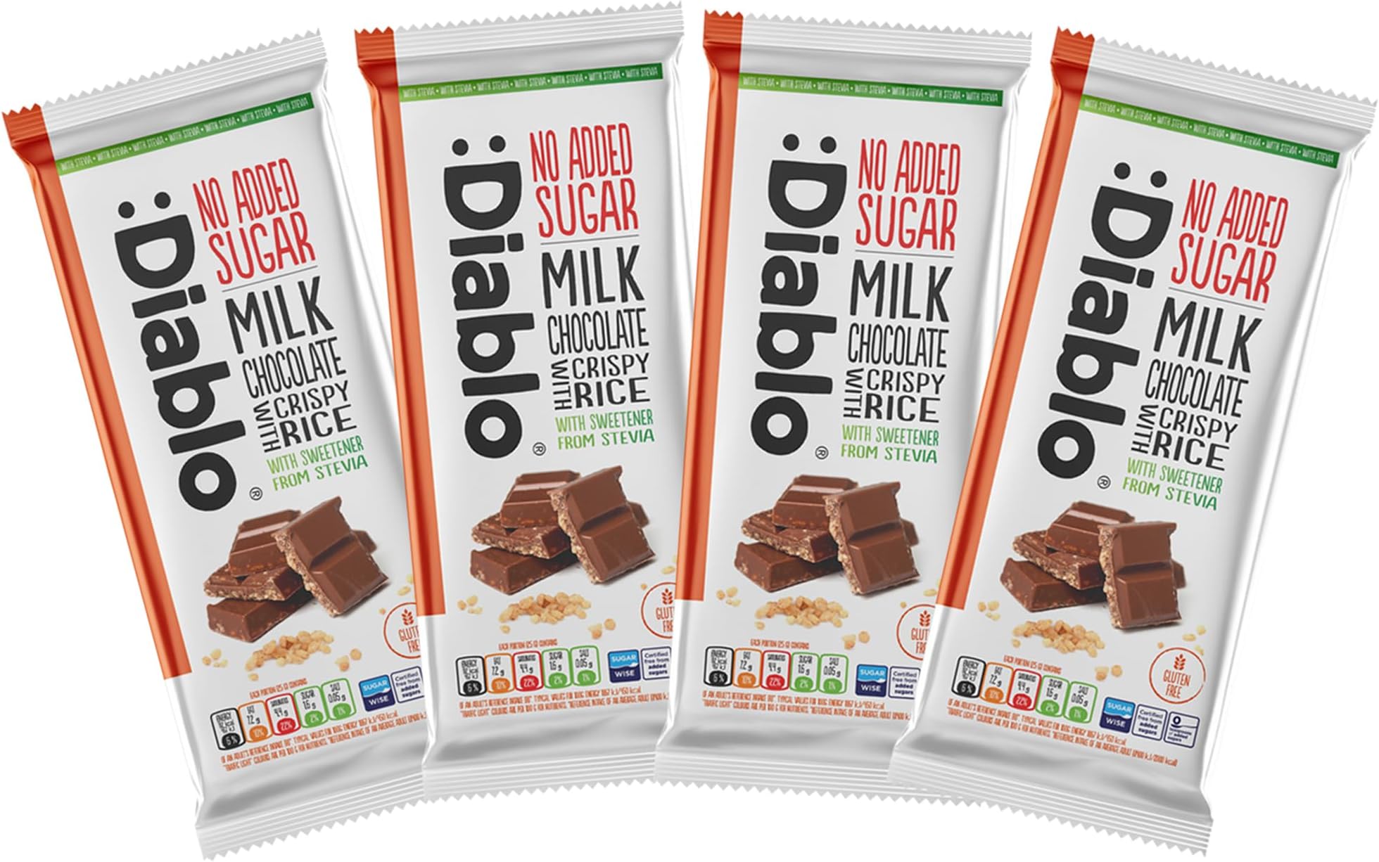 Diablo No Added Sugar Chocolate Bar – Milk Chocolate with Crispy Rice, Sweetened with Stevia, Gluten Free, Ideal for Any Occasion, Birthdays, Valentines, or Gift Hampers, 75g (Pack of 4)