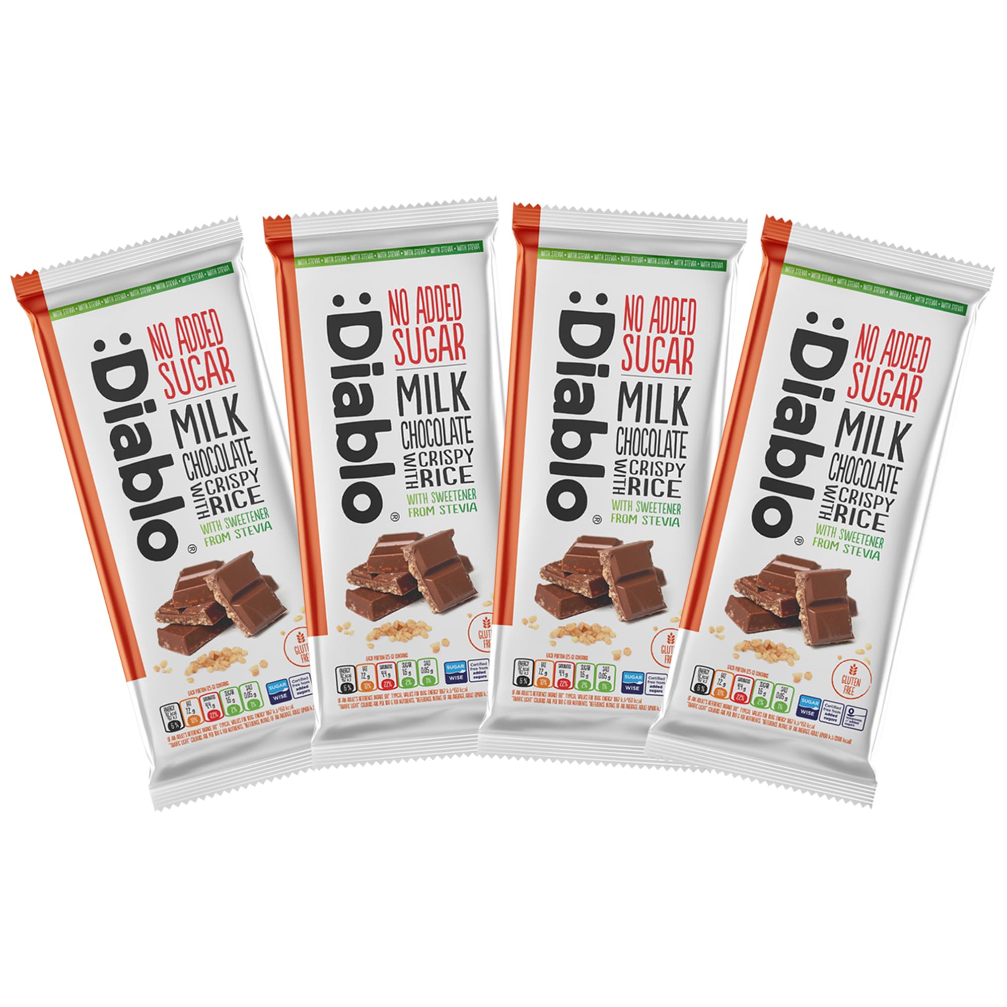 Diablo No Added Sugar Chocolate Bar – Milk Chocolate with Crispy Rice, Sweetened with Stevia, Gluten Free, Ideal for Any Occasion, Birthdays, Valentines, or Gift Hampers, 75g (Pack of 4)