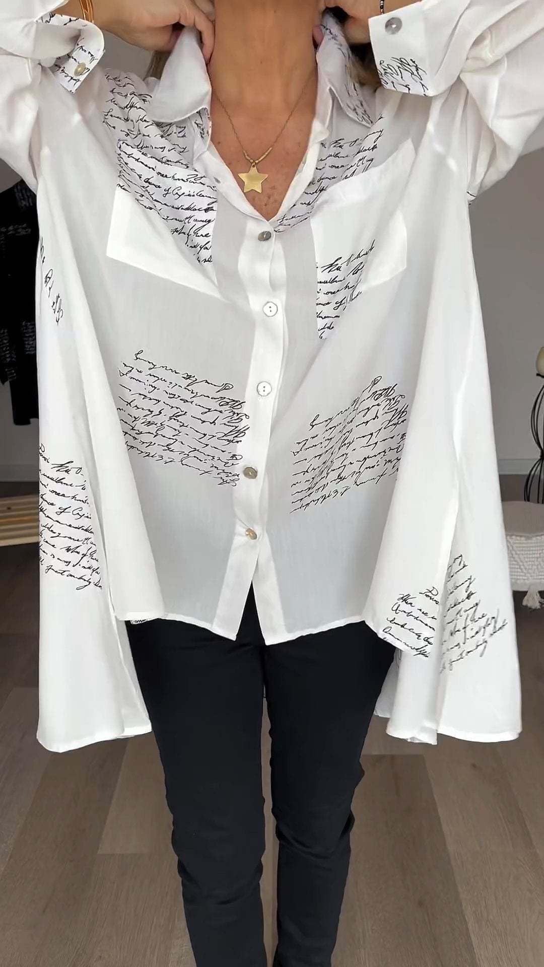 Letter Print Fashion Lapel Shirt, Women's Long Sleeve Print Button Down Shirts Casual Loose Blouse Tops (Black,L)