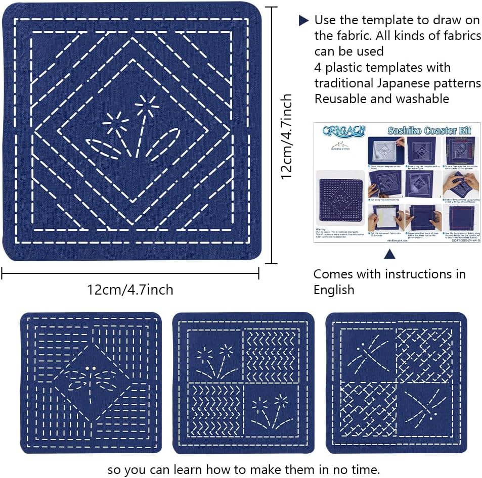 FREEBLOSS 4 Set DIY Sashiko Coaster Kit Dragonfly Sashiko Kit Beginner Flowers Embroidery Kits with 4 Sashiko Coaster Samplers Japanese Embroidery Kits for Adults for Art Craft Gift