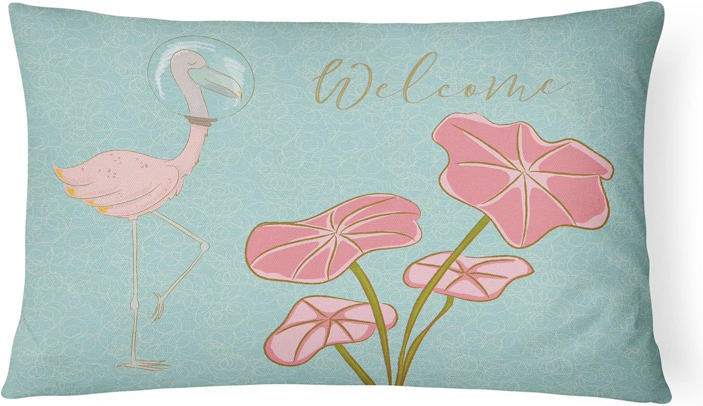 Caroline's Treasures BB8532PW1216 Flamingo Welcome Canvas Fabric Decorative Pillow Machine Washable, Indoor Outdoor Decorative Pillow for Couch, Bed or Patio, 12HX16W
