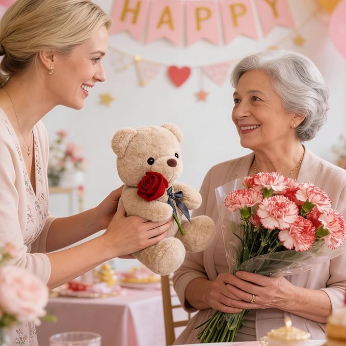 Oso de Peluche Marrón con Rosa de 9 Pulgadas miniatura 2