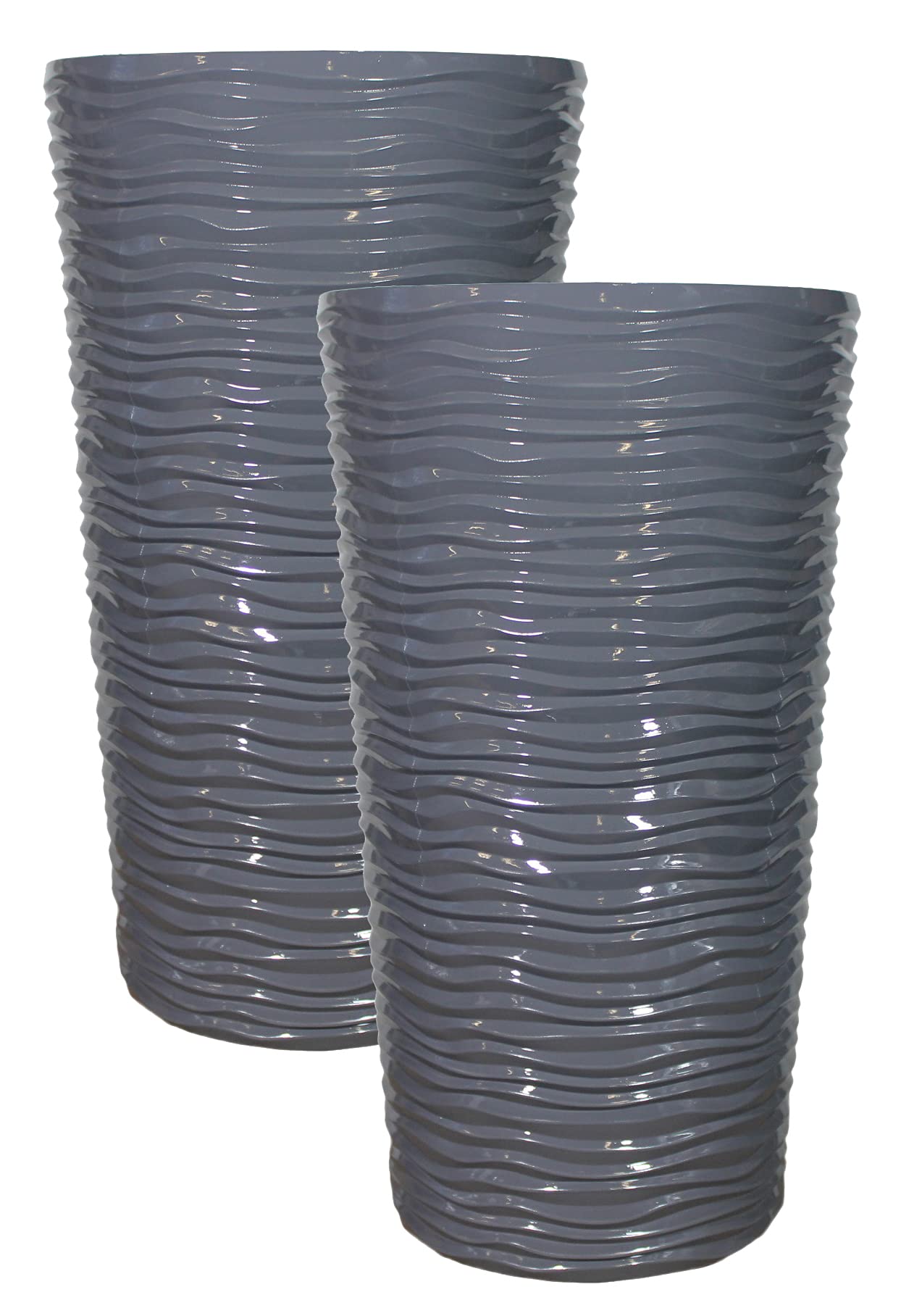 34 Litre Ripple Effect Large Plastic Plant Pot Modern Indoor Home Outdoor Garden Tall Round Plastic Planter Flower Tree (Pack of 2 - Grey)