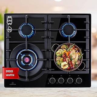 Klarstein Gas Cooker, 4 Burners Gas Hob, 9100W Built In Four Ring Electric Hob, Campervan Cooktops Gas Cookers, Stainless Steel Glass Top Wok Burner, 4 Ring Kitchen Stoves LPG Cooker Gas Burners Units