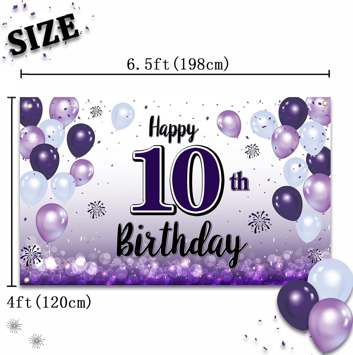 Happy 10th Birthday Decorations,10th Purple Balloon Large Birthday Banner Backdrop Sign,Cheers to Ten Years Old Bday Party Supplies.