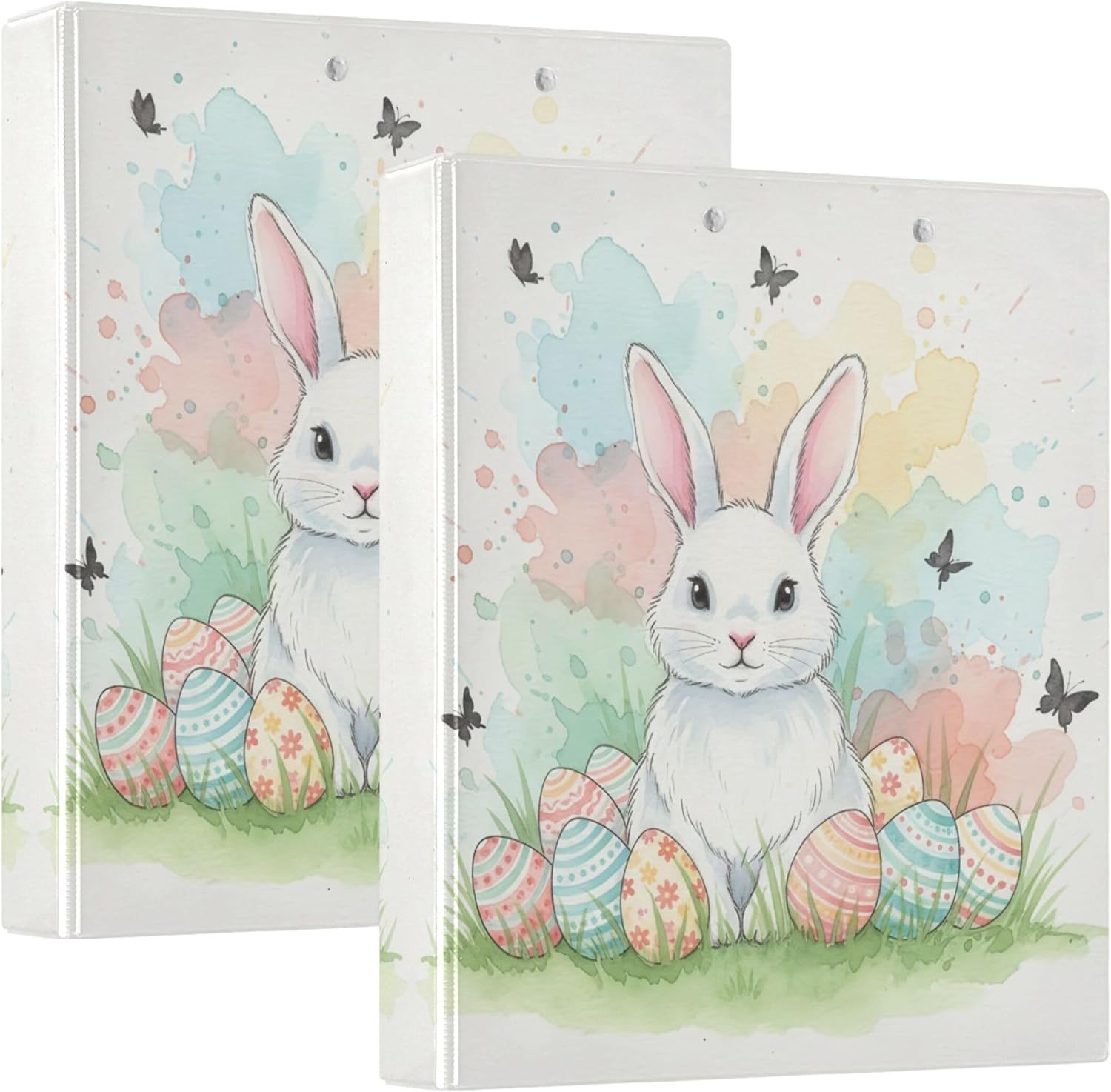 Watercolour Easter Eggs Bunny 3 Ring Binders, 1.5” Round Ring Binders with Clipboard - Letter Size, 3 Interior PVC Clear Pockets & Anti-Slip Clip for Office School Supplies, 2PCS