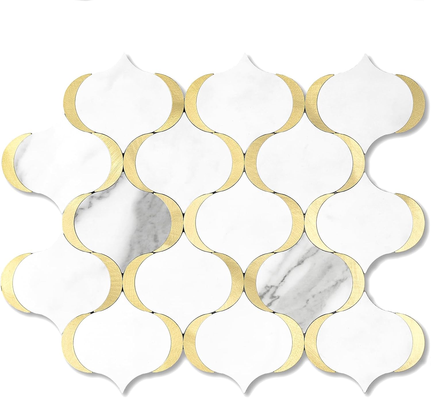 10 Sheet Arabesque Peel and Stick Backsplash Tile, Stick on Backsplash for Kitchen and Bathroom Wall, Marble White Look PVC Mixed Metal Gold