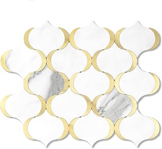10 Sheet Arabesque Peel and Stick Backsplash Tile, Stick on Backsplash for Kitchen and Bathroom Wall, Marble White Look PVC Mixed Metal Gold