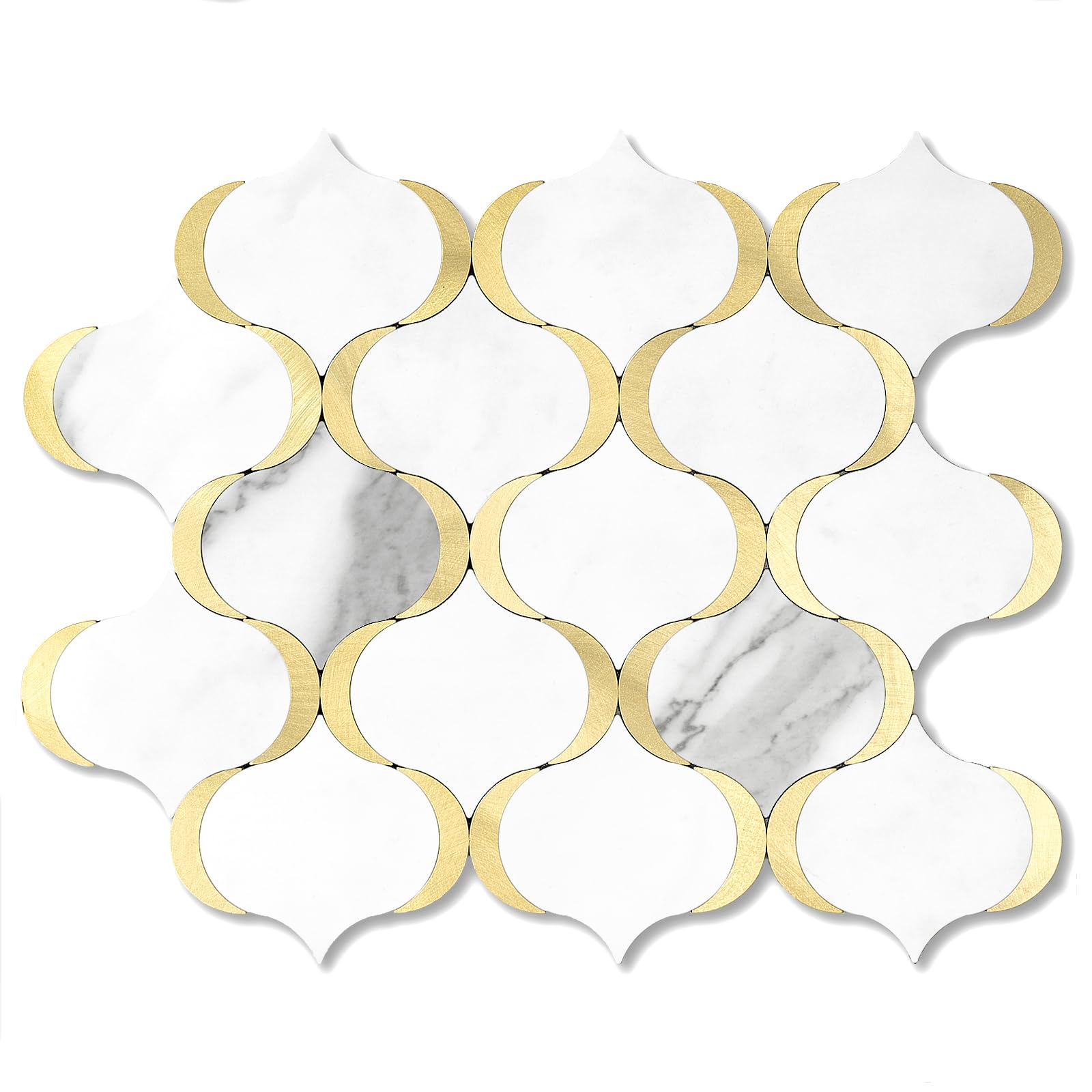OYASIMI 10 Sheet Arabesque Peel and Stick Backsplash Tile, Stick on Backsplash for Kitchen and Bathroom Wall, Marble White Look PVC Mixed Metal Gold