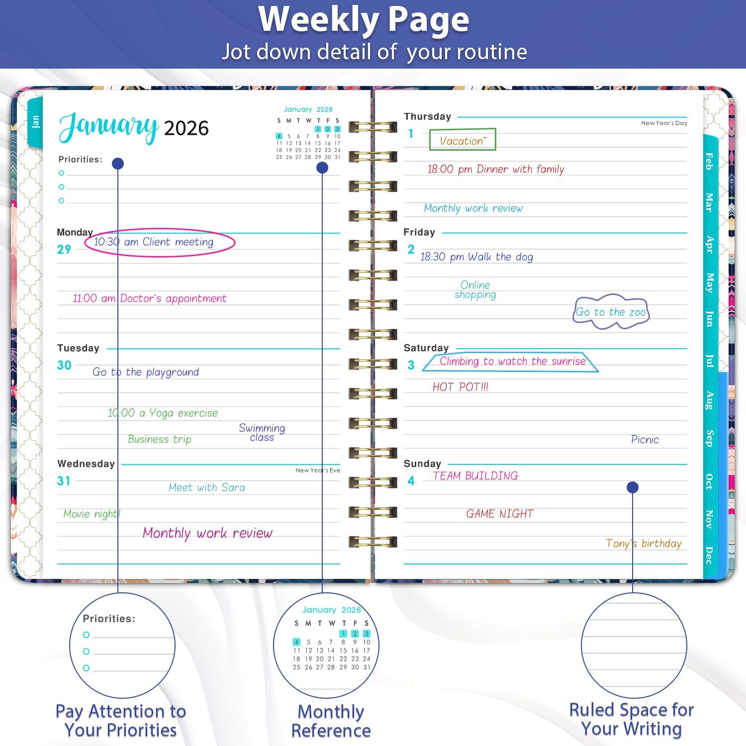 2026 Planner - 2026 Planner Weekly and Monthly, Jan.2026 - Dec.2026, 6.3" x 8.4", Planner 2026 Weekly Monthly Planner with Green Tabs, Twin-wire Binding, Back Pocket - Image 4