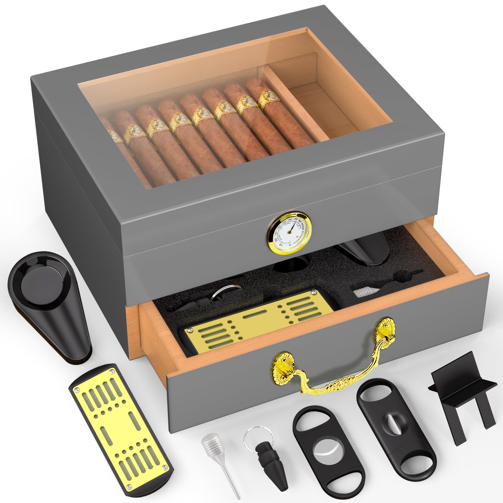 Cigar Humidor Box - Spanish Cedar Small Table Top Humidors for 20-50 Cigars with Accessories and Humidifier - Storage Drawer - Stylish Desktop Cigar Holder for Men - Portable Travel Case Light Gray