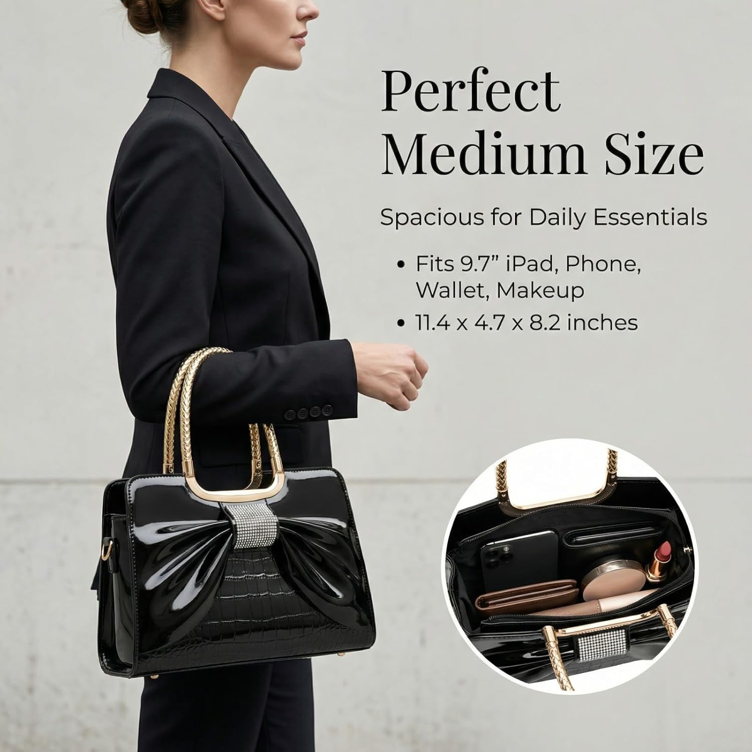 Women’s Glossy Patent Leather Handbag Top Handle Satchel - Medium Structured Shoulder Tote Purse with Adjustable Strap - Image 4