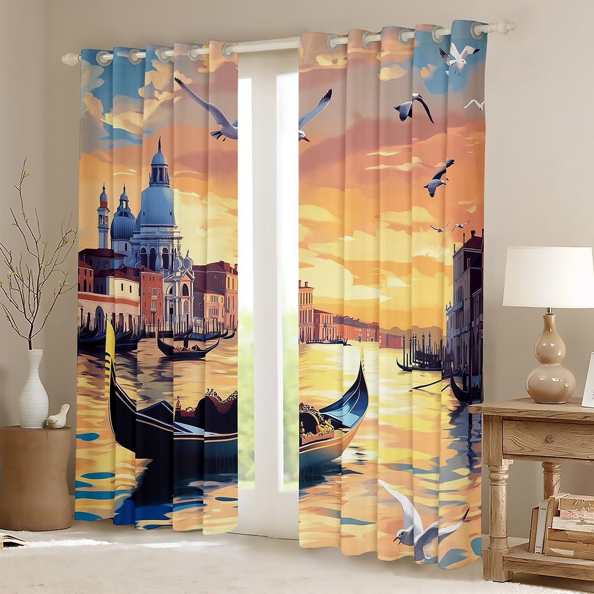 Manfei Venice Sunset Window Curtain Set of 2 Panels,Romantic Lake Boat Natural Sunshine Curtain,European Style Retro Bridge Building Window Drapes for Kids Boys Room Decor,52Wx63L Inches