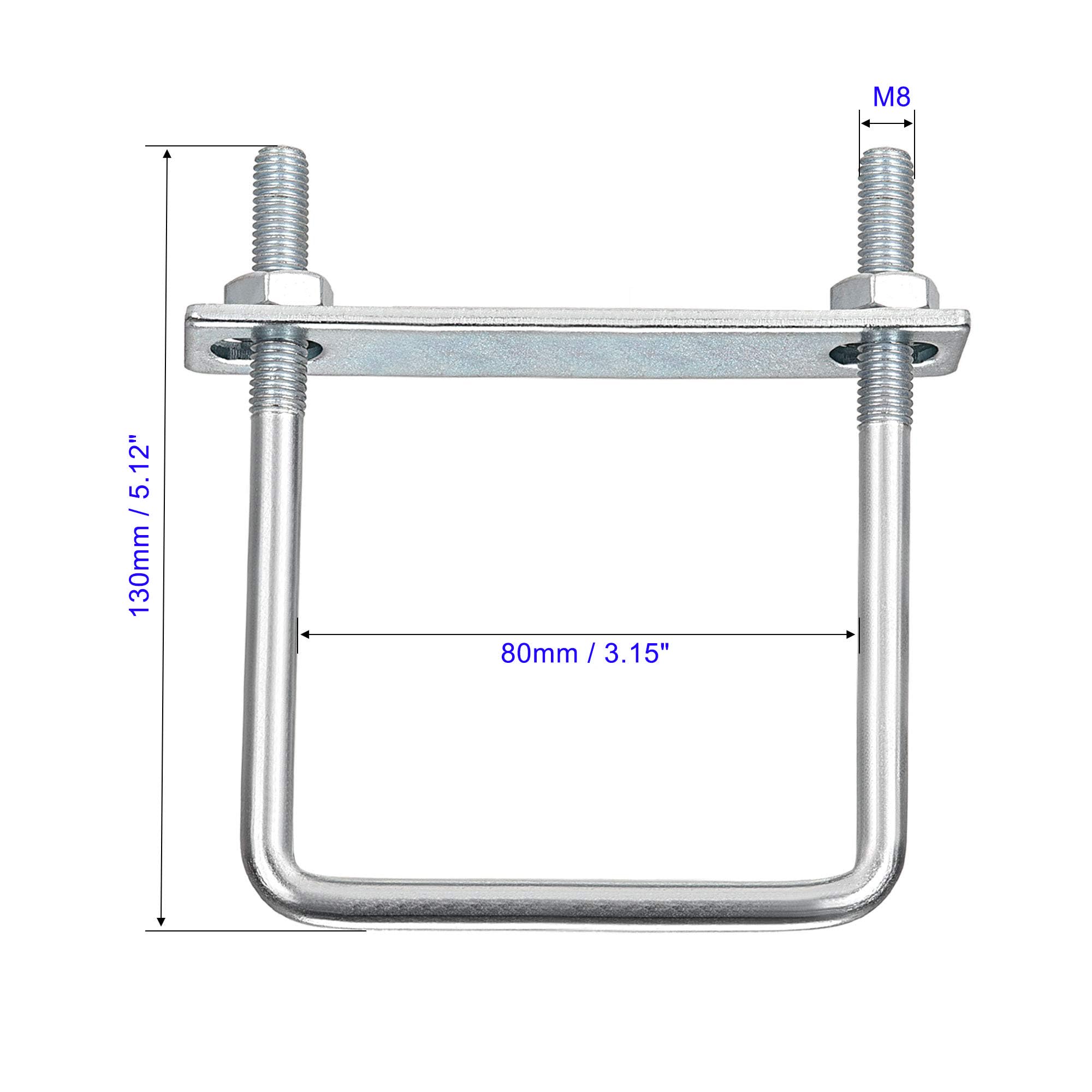MACHSWON Square U-Bolt,4 Set Carton Steel M8 U Bolts 80mm(3-1/8") Inner Width 130mm Length with Nuts and Frame Plate for Automobiles Boat Trailer - Image 2