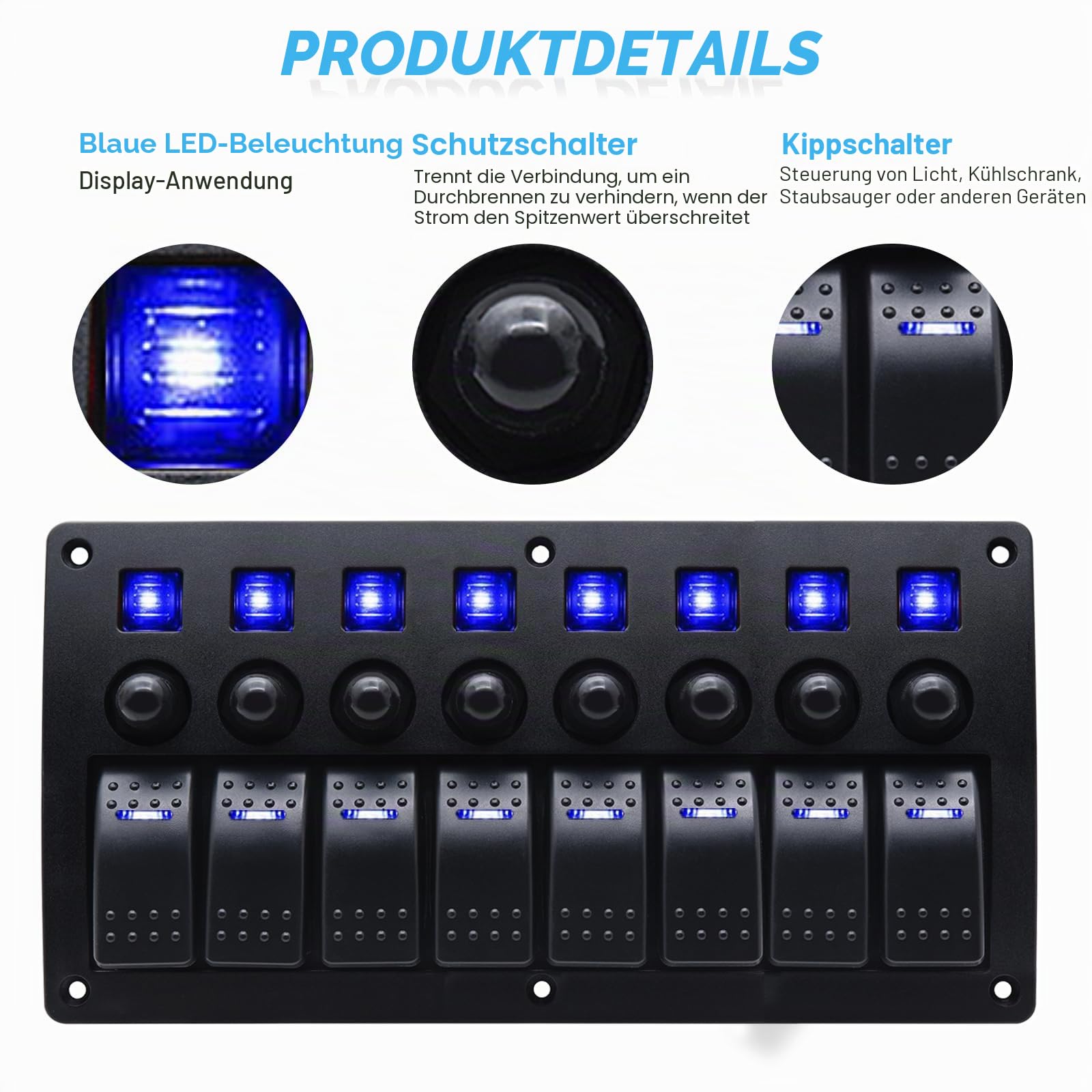 Geloo 8 Gang Marine Schalter Panel wasserdichte Toggle Rocker Switch Panel 12V /24V Leistungsschalter blau LED für Auto RV Fahrzeug Boat Yacht