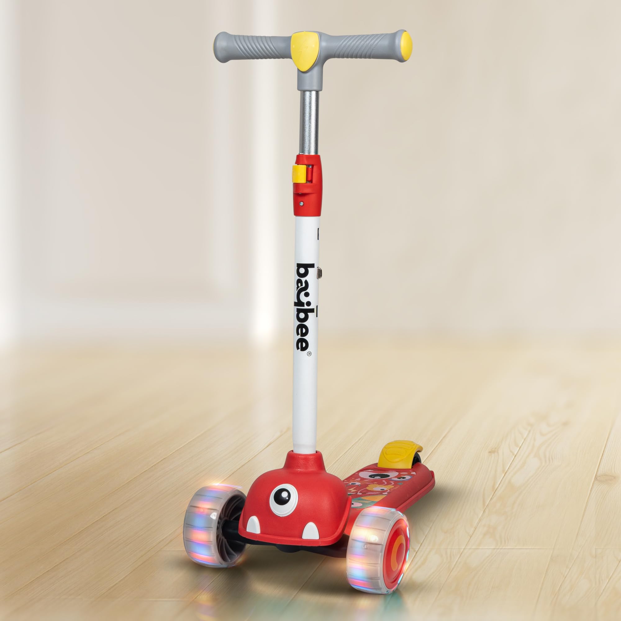 Baybee Maxi Kick Scooter for Kids, 3 Wheel Kids Scooter with 3 Height Adjustable Handle, Skate Scooter with Led PU Wheels & Rear Brake, Runner Scooter for Kids 2 to 10 Years Boys Girls (Red)