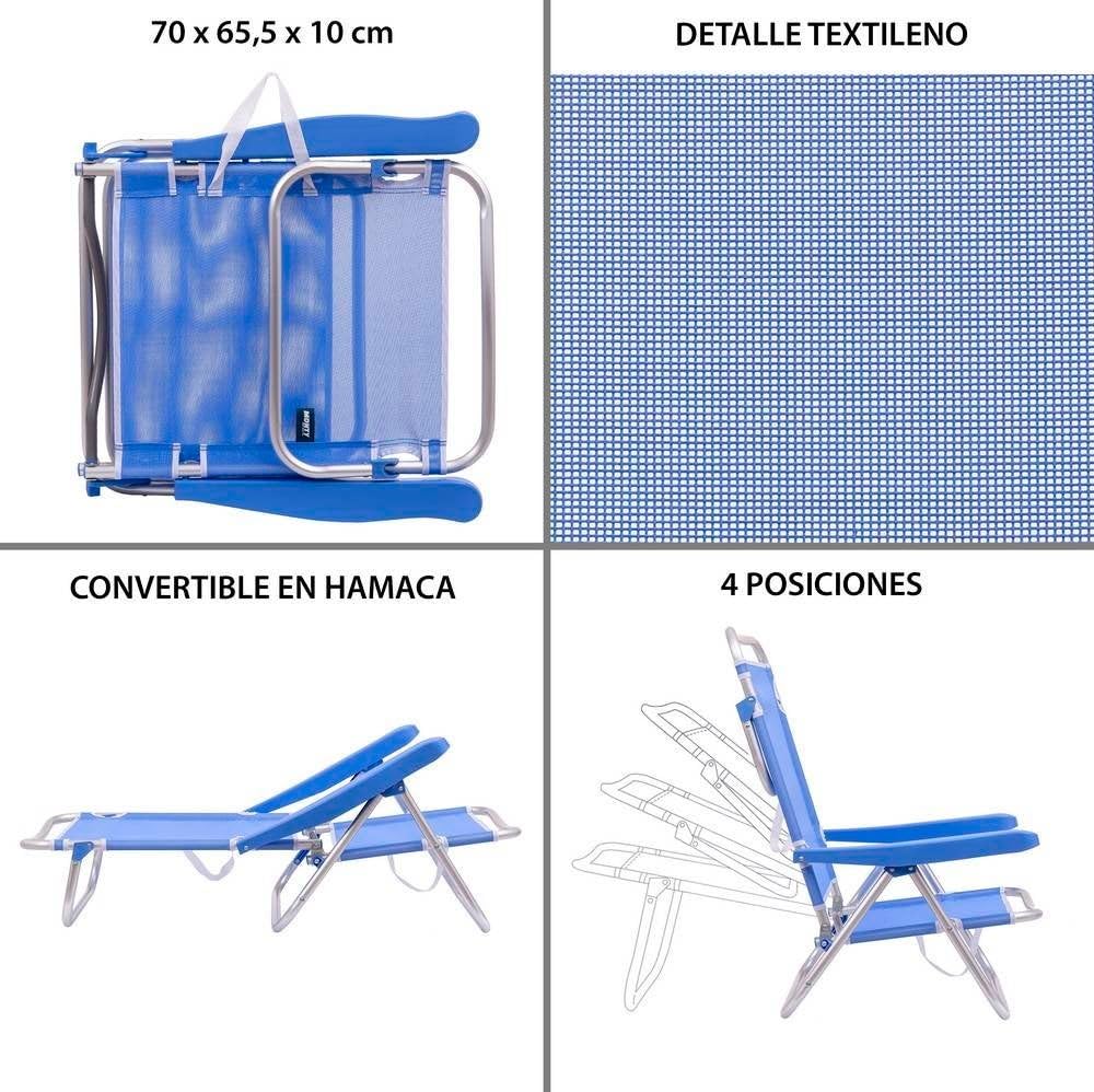 LOLAhome Silla de Playa Baja reclinable 4 Posiciones Convertible en Tumbona Azul de Aluminio y textileno de 61x47x80 cm