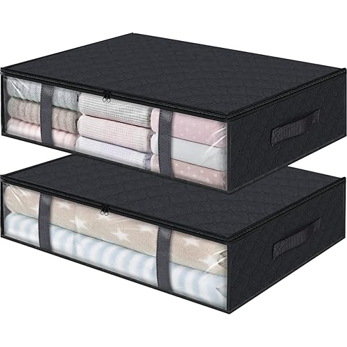 StorageRight Storage Bins Clothes Storage, Foldable Blanket Storage Bags, Under Bed Storage Containers for Organizing, Clothing, Bedroom, Comforter, Closet, Dorm, Quilts, Organizer, 2-Pack Black