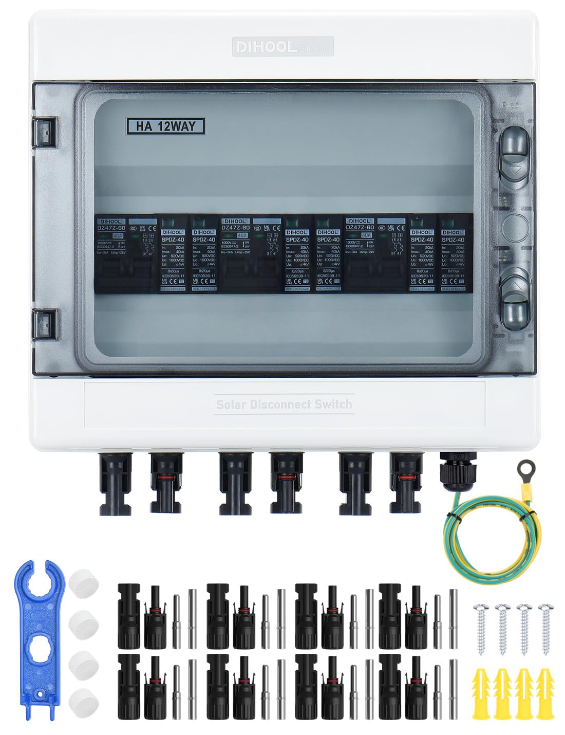 DIHOOL DC überspannungsschutz PV Anlage 3 Strings Solar Anschlusskasten für 3 * 500W Solarmodule Balkonkraftwerk, 40A DC Trennschalter