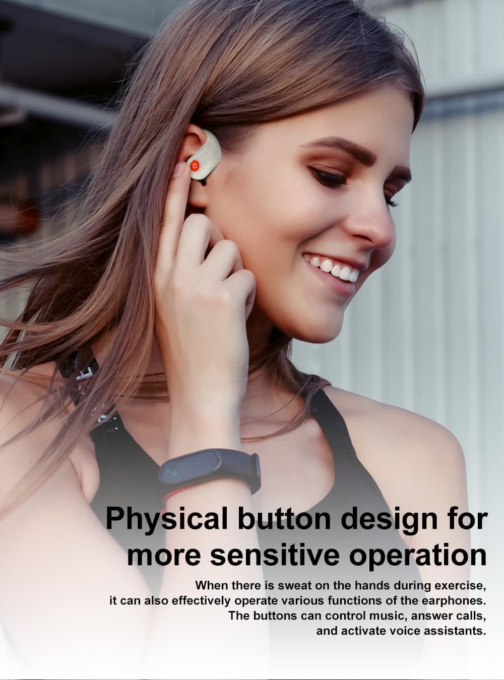 Close-up of a SIVGA SO1 earbud on a person's ear, highlighting the physical button.